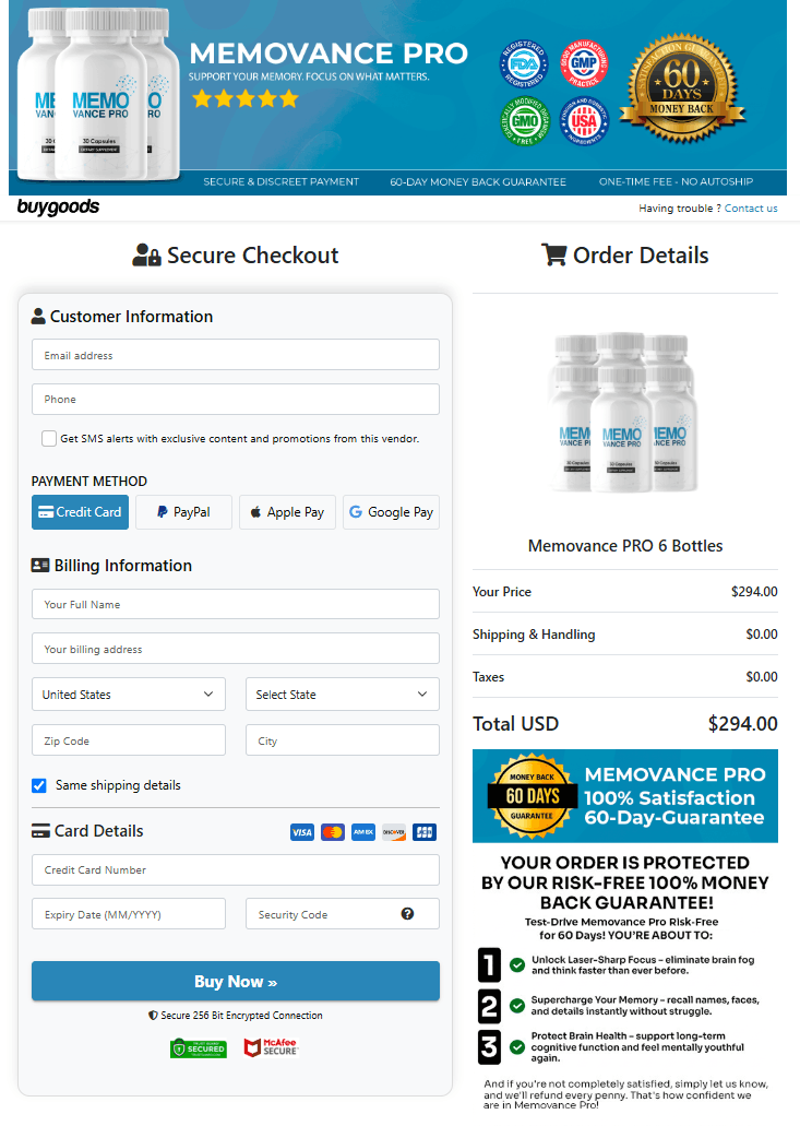 MemoVance PRO order page